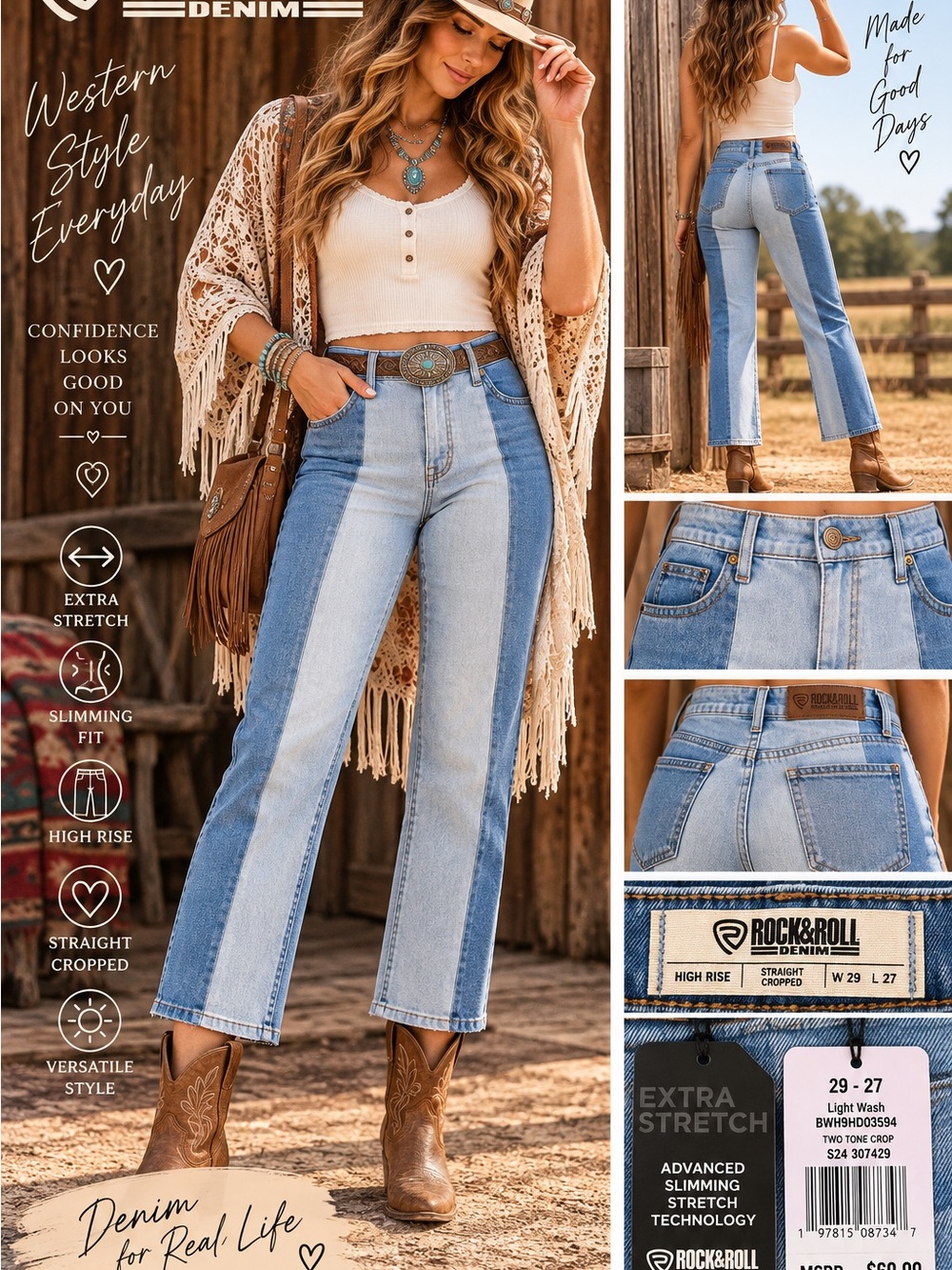 Rock & Roll Denim Two-Tone High Rise Straight Cropped Jeans NWT | 29x27